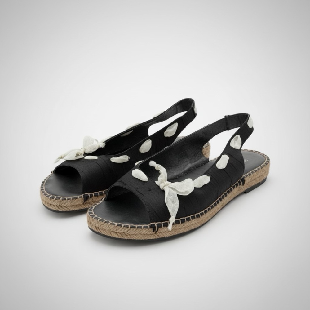 Eric Michael Black Espadrille Slingback Sandals with White Floral Detail